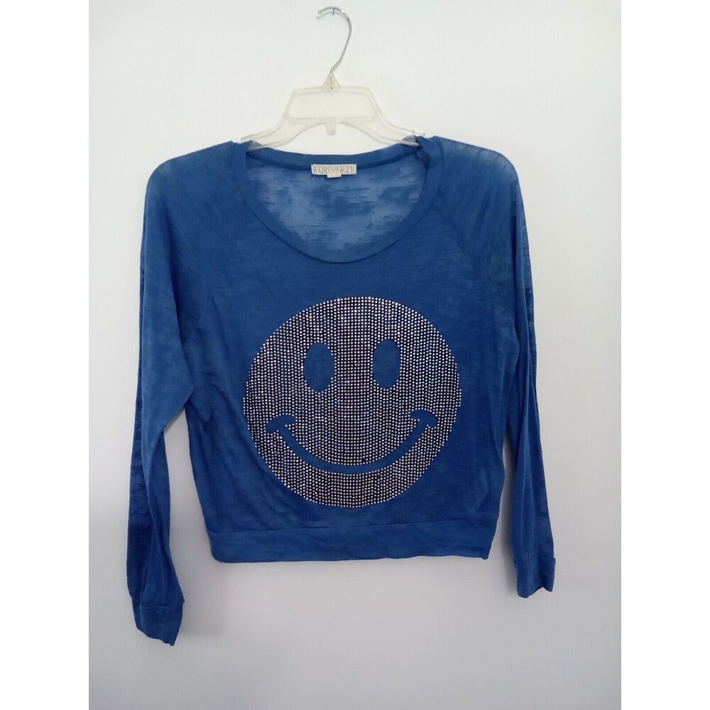 Forever 21 Top Small Petite Blue Smiley‎ Face Rinestones Y2K
